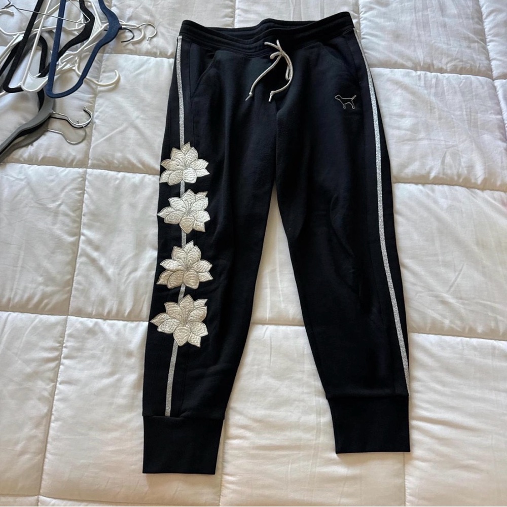 Victoria's Secret Black Joggers with White Floral Accents